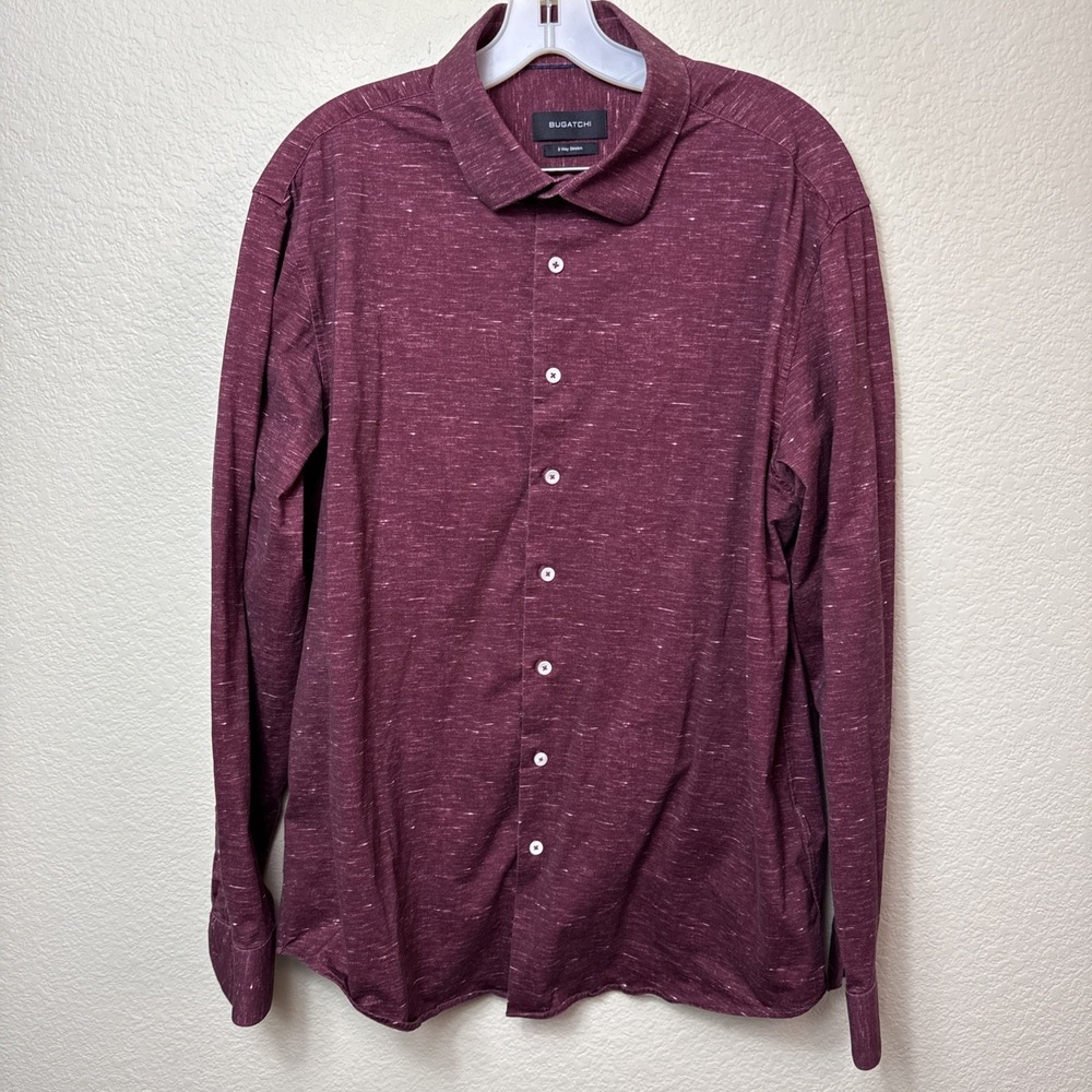 BUGATCHI Mens XL Burgundy‎ Button Down Shirt 8-Way Stretch Casual Cotton Blend
